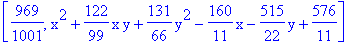 [969/1001, x^2+122/99*x*y+131/66*y^2-160/11*x-515/22*y+576/11]